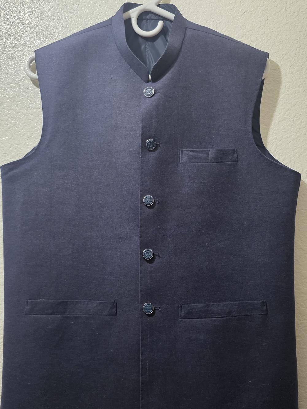 Pakistan Men's Silk Karandi Taylor Made WaistcoaNavy Mandarin Collar Button Vest